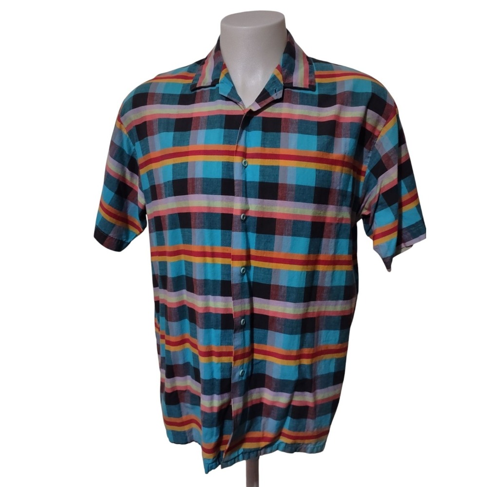 Kudos Plaid Shirt Large Mens Vintage Boho Retro Bold Multicolor Short Sleeve USA